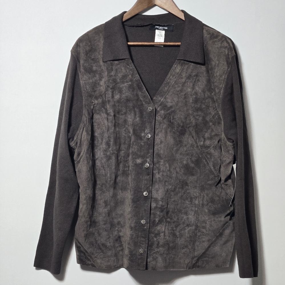 Jones New York Leather Knit Jacket Button Front Cardigan Brown Blazer 1x